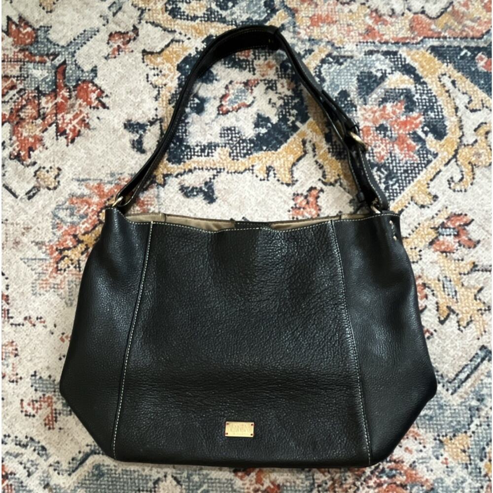 Frances Valentine Black Pebbled Shoulder Bag Gold Hardware Zip Pockets